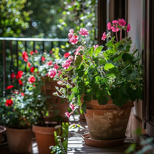 Geranium odorant avec fleurs roses vif sur une terrasse ensoleillée, décoration extérieure naturelle.